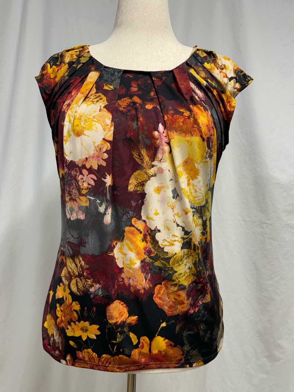 Worthington Burgundy Floral Cap-Sleeve Blouse with Yellow Accents